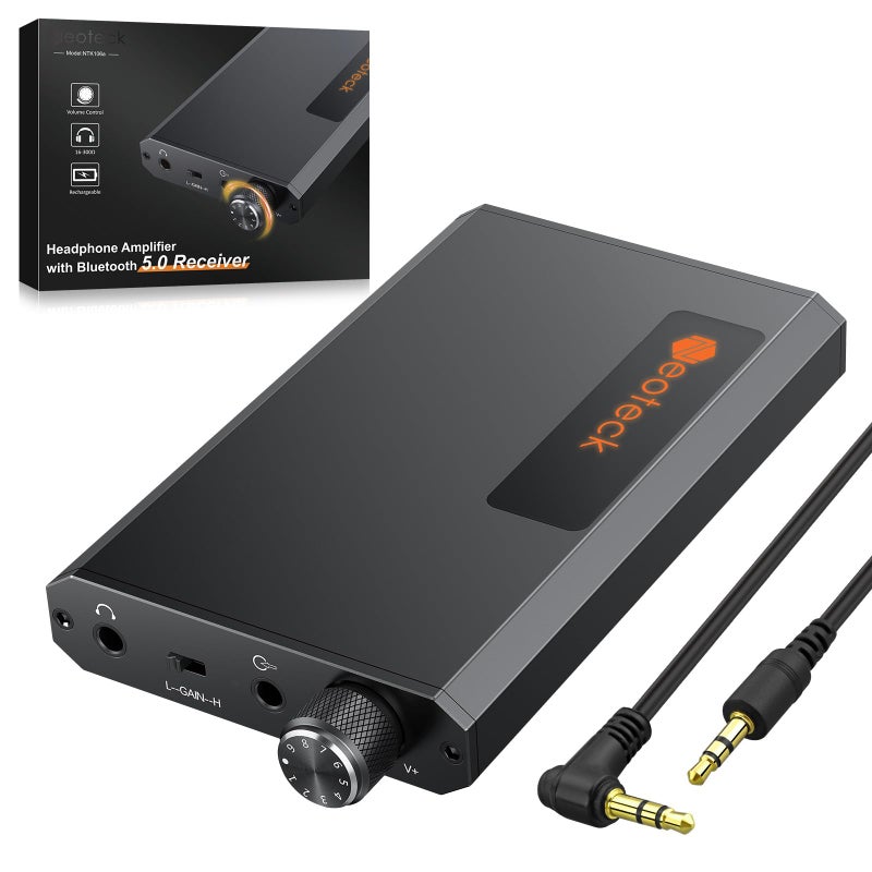 Neoteck مضخم سماعات رأس محمول Neoteck 3.5mm مع جهاز استقبال بلوتوث 5.0، مفتاح زيادة من مرحلتين، مضخم سماعات HiFi 16-300 أوم، سطح ألومنيوم غير لامع - Image 1